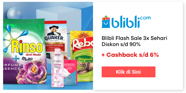 Blibli Flash Sale 3x Sehari Diskon s/d 90% + Cashback s/d 6%
