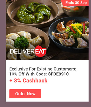 Delivereat Exclusive For Existing Customers: 10% Off With Code Code: SFDE9910 + Up to 3% Cashback