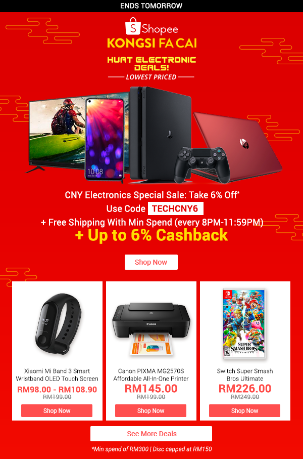 Shopee CNY Electronics Special Sale + 6% Off Code + Up to 6%  Cashback